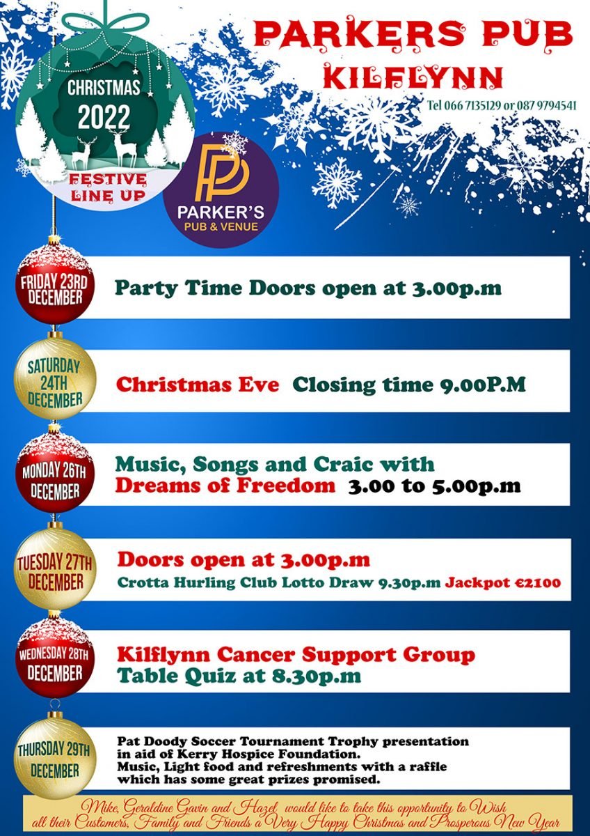 whats on at parkers pub christmas 2022